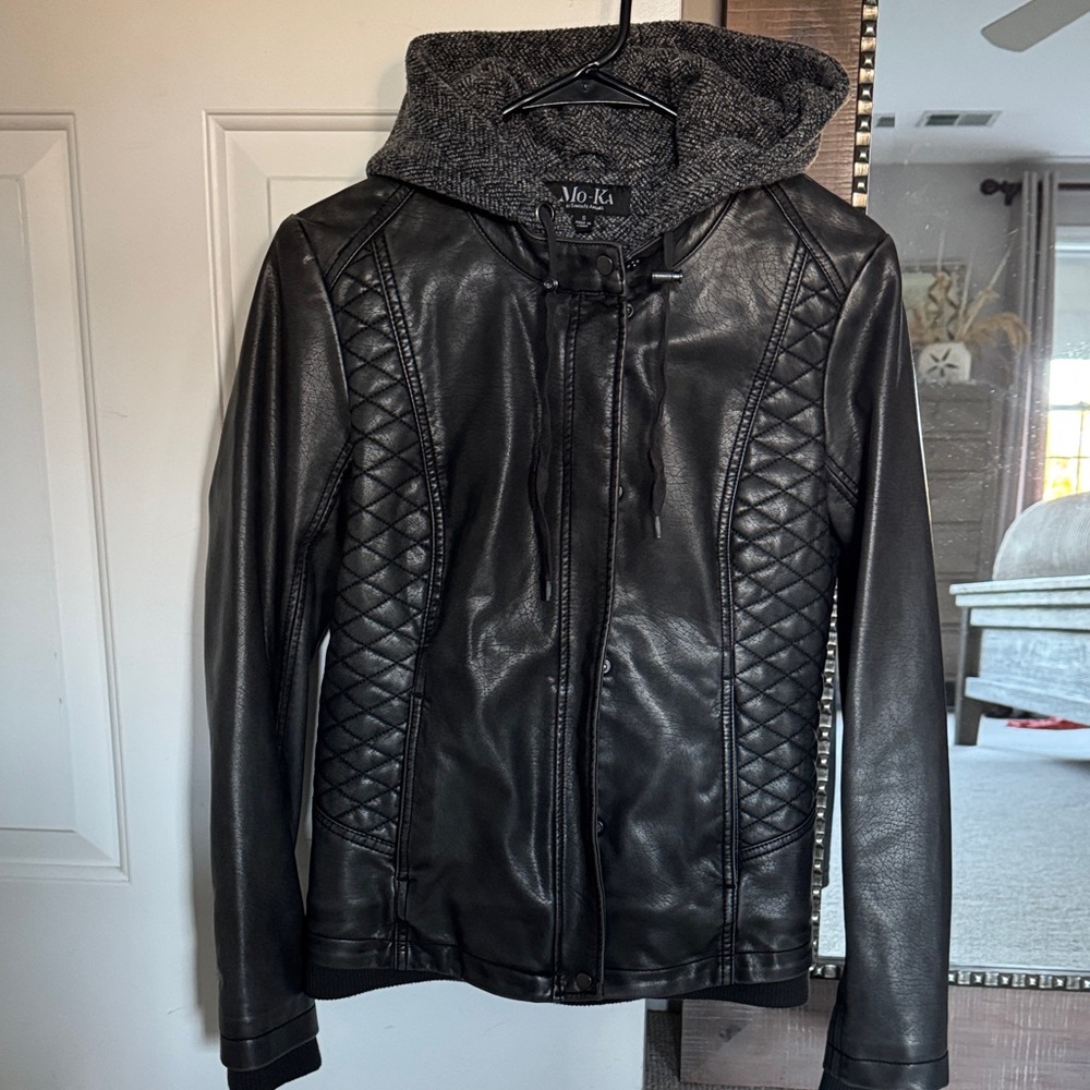 Mo-Ka Women's Black Leather Jacket with Hood